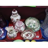 Masons - 'Fruit Basket' jug and plate; 'Mandalay Red' jar and cover and pin dish; 'Chartreuse'