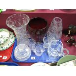 Cut Glass Vase, cut glass water jug, cut glass jar and cover, ruby glass vase, etc:- One Tray