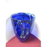 Kosta Boda Blue Glass Bucket Vase, with random linear decoration to rim, 20cms high.