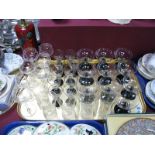 Eleven Black Based Glass Sundaes, ten sherry glasses similar, other glassware, etc:- One Tray