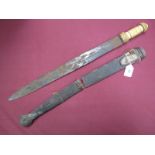 A XIX Century African Short Sword, 49cms, double edged blade to ivory carved handle, snakeskin