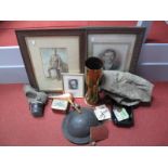A WWII Tommy Helmet, gas mask, kit bag, plus a quantity of military badges, coins, trench art,