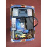 A Plastic Tool Box and Contents, further loose tools, cased Polaroid, Laurel & Hardy DVD's,