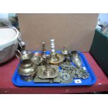 Horse Brasses, ashtrays, tapersticks, jug, and other brass and copper decorative wares:- One Tray
