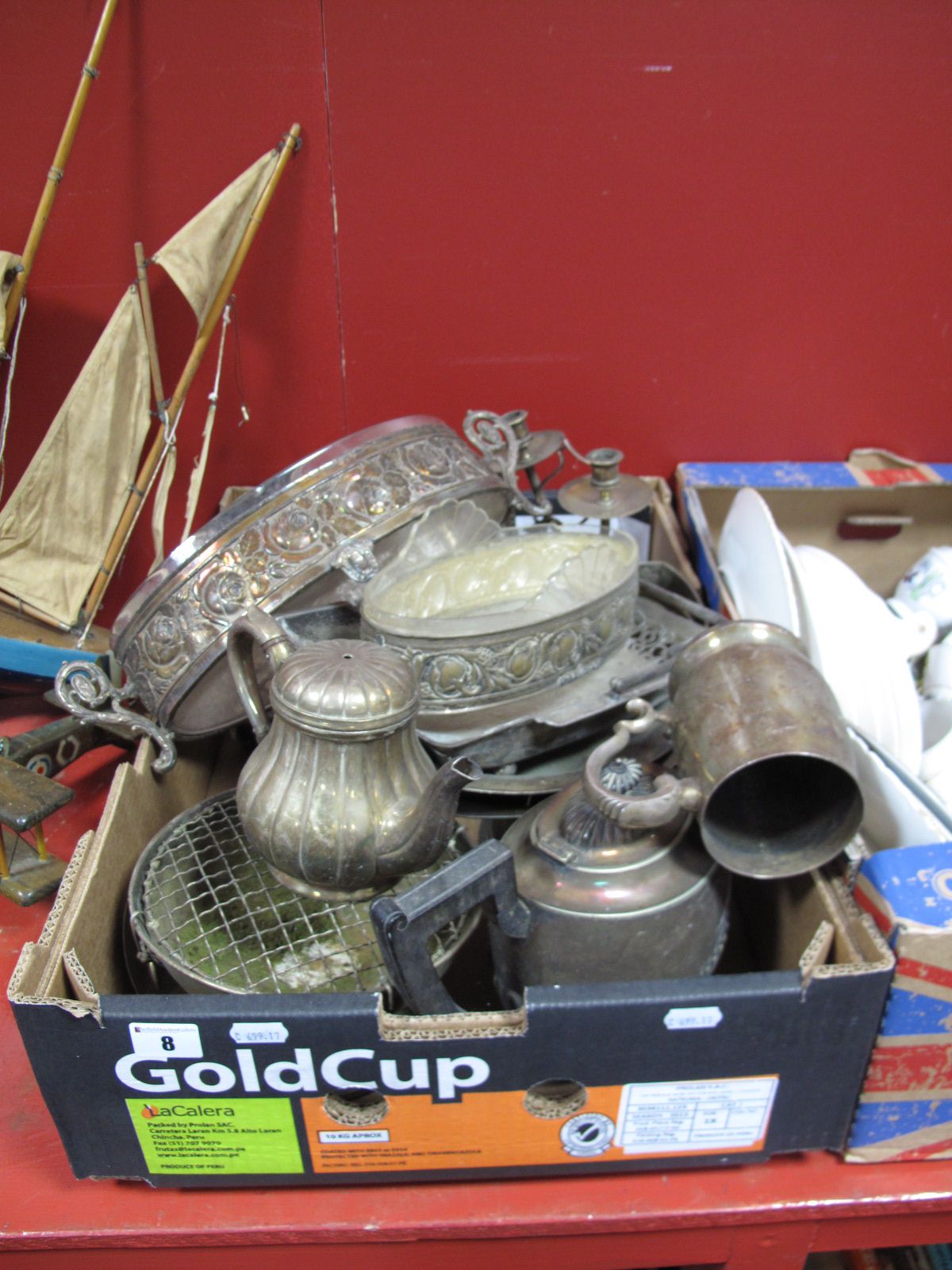Electroplated Candlesticks, plated baskets, jugs, teapot, rose bowl, condiments, and other plates
