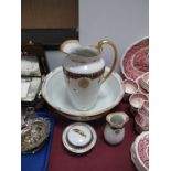 An Edwardian Toilet Jug (damaged), and bowl, with matching soap dish and cover, and toothbrush