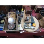 A Pine Trug, bread board, early XX Century souvenir paperweight, Chesterman tape measure, Bournville