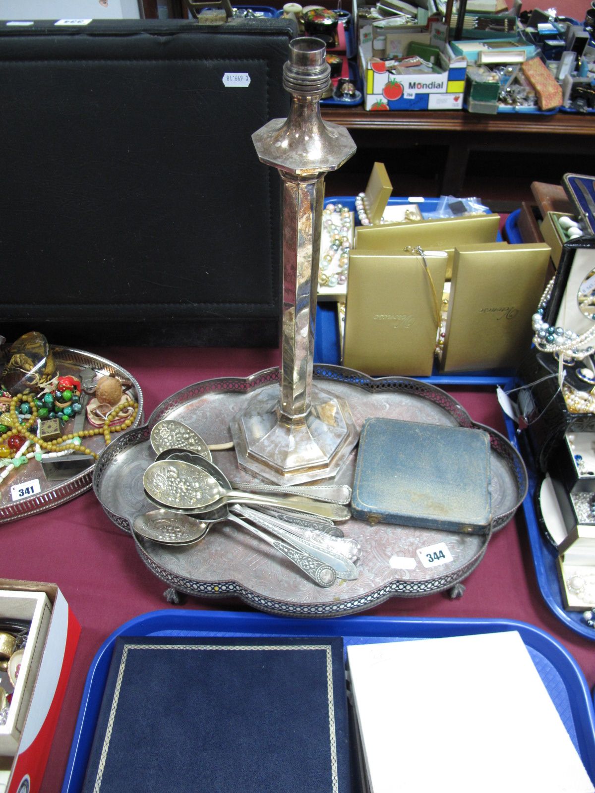 Gladwin Embassy Plate Octagonal Table Lamp, a tray on four claw feet, and cutlery.