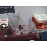A Heavy Star and Slice Cut Glass Bucket Vase, 29cms high; cut glass flower bowl and baskets etc:-