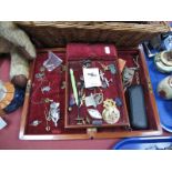 A Brass Inset Wooden Box, with lift out tray, badges, manicure items, rosary, cufflinks etc.