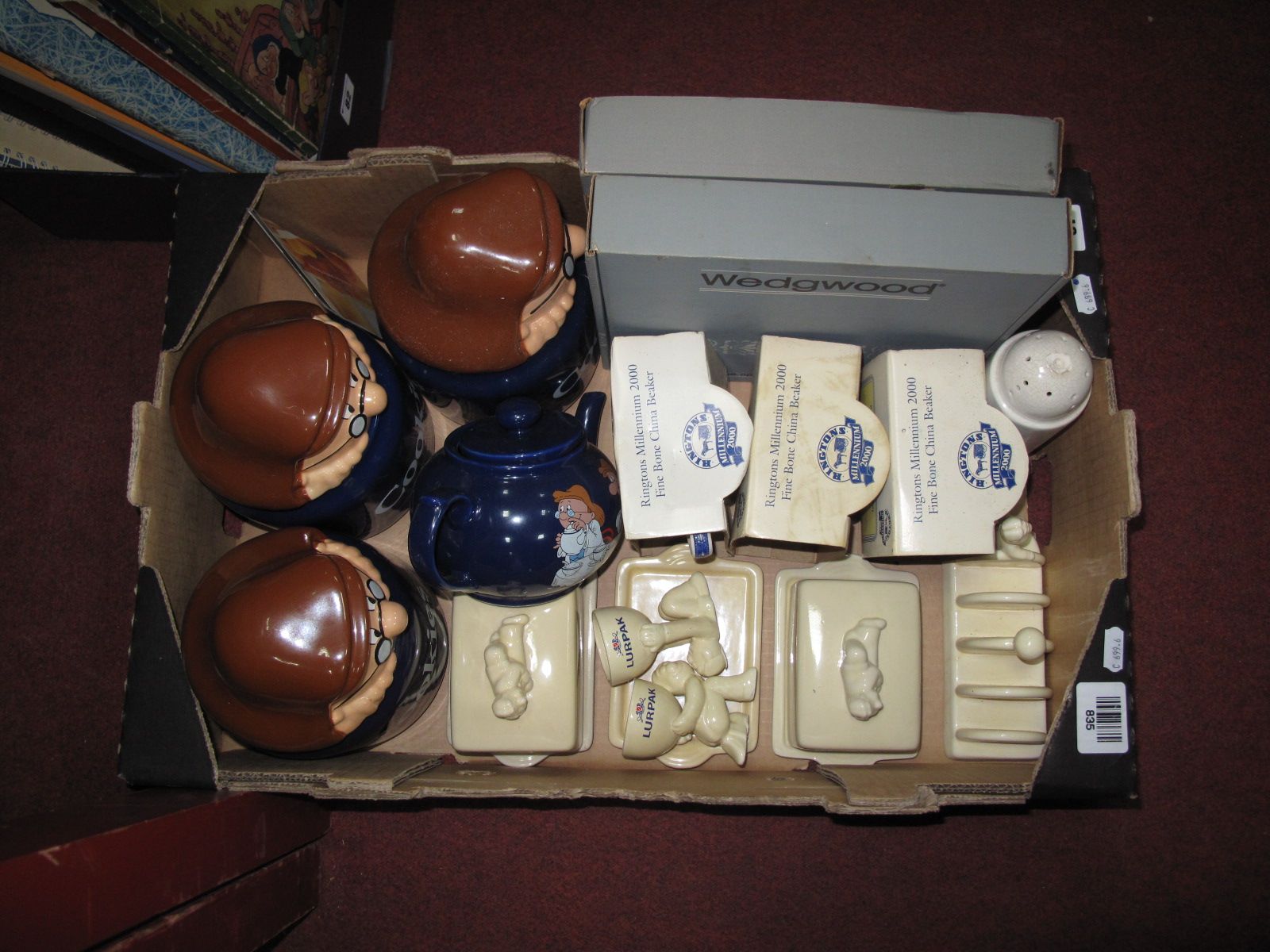 Tetley's Cookie Jars, teapot, Lurpak egg cups, butter dish, toast rack, castor, Rington's Millennium