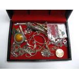 Articulated Fish Bearing Stamps, gold plated engine turned locket, silver tie pins, child's