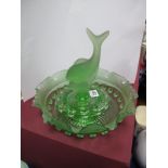 1930's Green Glass Table Centre Piece, with frosted dolphin to posy ring.