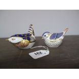 Royal Crown Derby Imari Paperweights - Blue Tit, gold stopper and Wren, lacking stopper.(2)