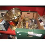 Stratego Game, brass candlesticks, tankards, etc:- One Box, a coal bucket and wall lights