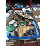 A Collection of China Thimbles, all within two display cases, a pottery shire horse and dray, twin