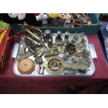 Brass Weights, mini miners lamp, cannon, badges, other miniatures in brass:- One Tray