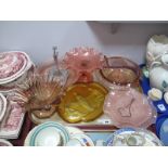 1930's Amber Glass Trinket Stand, featuring maidens, and other pink pressed glassware,