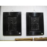 A Pair of Ebonised Late XIX Century Pokerwork Carved Wall Panels, featuring gentleman and maiden