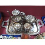 Oneida Plated Four Piece Melon Shape Tea Service, and Oneida tray having shell and scroll handles.