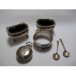 A Pair of Hallmarked Silver Salts, (marks rubbed) together with a pair of spoons, a napkin ring