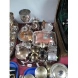 A Collection of Plated Trophies and Christening Cups, plated chamberstick, chaffing dish, jug, sugar