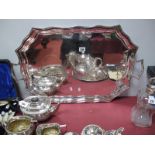 An Electroplated Twin Handled Serving Tray, of canted rectangular form, moulded edge with engraved R