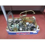 A Beaten Silver Plated Tray, brass desk lamp, tins, metal wares:- One Box