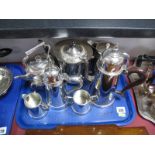 A Mappin & Webb Plated Coffee Pot, plated tea kettle, teapot and pewter three piece café au lait