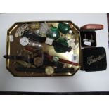 Wristwatches, coins, military cap badges, 'Trinkets' box etc :- One Tray