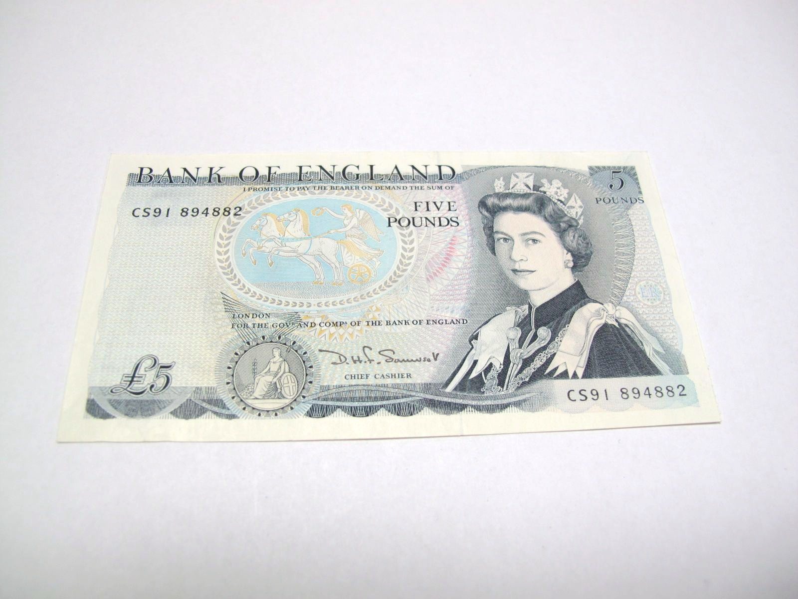 A Lightly Circulated David Henry Fitzroy Somerset Five Pounds Banknote, number C591894992.