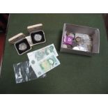 Two 1980 Queen Mother Silver Proof Crowns, three One Pound banknotes, six Crowns, two Half Crowns,