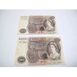 A Pair of Bank of England Ten Pounds Banknotes, John Brangwyn Page Chief Cashier, numbers B86 195938