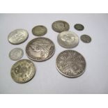 Mixed UK and World Silver Coinage, including 1889 GB Crown (F), 1890 GB Halfcrown (AF), 1966 Irish