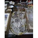 Two Italian Trays, biscuit barrel, candelabra, coasters, glassware.