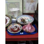 A Maling Waisted Vase, Woods basket, Lawleys shallow bowl, etc:- One Tray and Two Prints