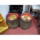 A Pair of Oak Coopered Barrels, ends stamped "Barlow", 43cms high. (2)