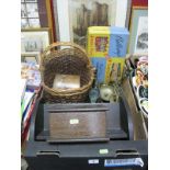 A Wicker Basket, an oak book nest, oak lidded box, souvenir musical cigarette box, a Bellamy's