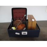 Spoons, Gent's cufflinks, 'Studs' box (damaged), medallions on ribbons, Italian style wooden box