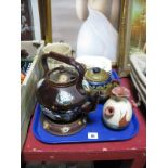 XIX Century Barge Ware Style Pottery Teapot, on stand, with raised decoration (damaged), Devon ware,