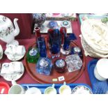 Three Table Lighters, with concave square bodies, inkwell, blue and ruby glass vases:- One Tray