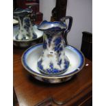 A Circa 1900 Losol Ware Toilet Jug and Bowl, blue transfer printed floral decoration with powdered