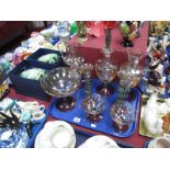 Krosno of Poland Glassware, comprising two ewers, decanter, pair of candlesticks, large and two