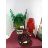 Czech Mid XX Century Green Tinted Glass Vase, on quatrefoil base, M. Murano signed faceted vase,
