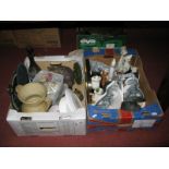 Hillstonia Two Handled Vase, hat iron, figures of cats, book ends, etc:- Two Boxes