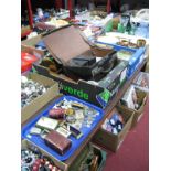 Miscellaneous Collectables, in two boxes and leather case, including tins, cameras, etc, plus a tray