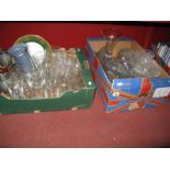 Wine Glasses, cut glass fruit bowl, beer glasses, sectional dish, etc:- Two Boxes