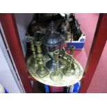 Smiths Mantel Clock, plated samovar, brass candlesticks and lion doorstop:- One Tray