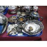 An Electroplated Candelabra, teapot, butter dish, posy bowl and other plated wares:- One Tray