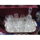 Cut Glass Decanters, cut glass brandy, wine glasses, etc:- One Tray